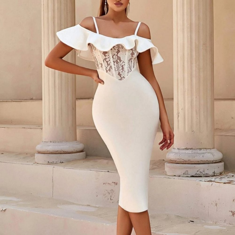 lace front ruffle trim bodycon dress white - Picture 1 of 6